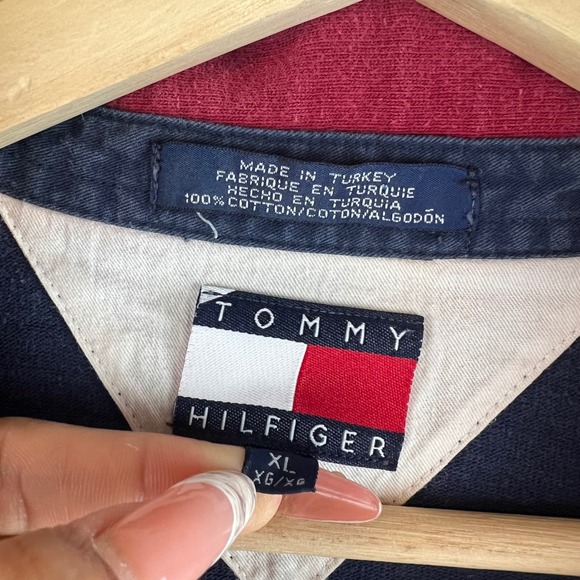 Vintage Tommy Hilfiger Rugby Shirt XL Navy Cream Striped Mens - Picture 4 of 11